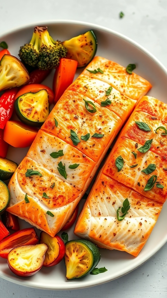 Air fryer salmon fillets with roasted bell peppers, zucchini, and broccoli on a plate.